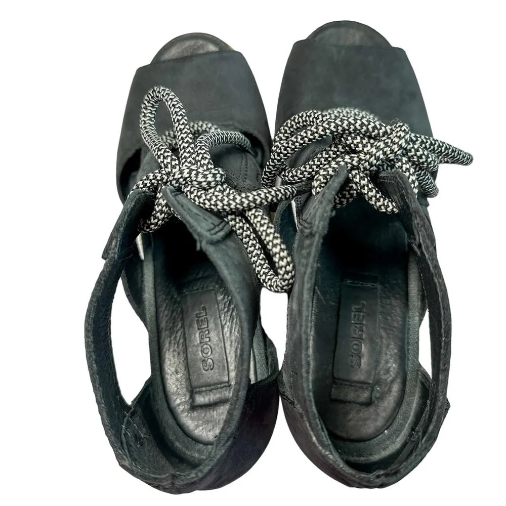 Sorel Joanie Lace Up Wedge Heel Open Toe Leather Canvas Lug Sole Sandal Black 7 - Image 9