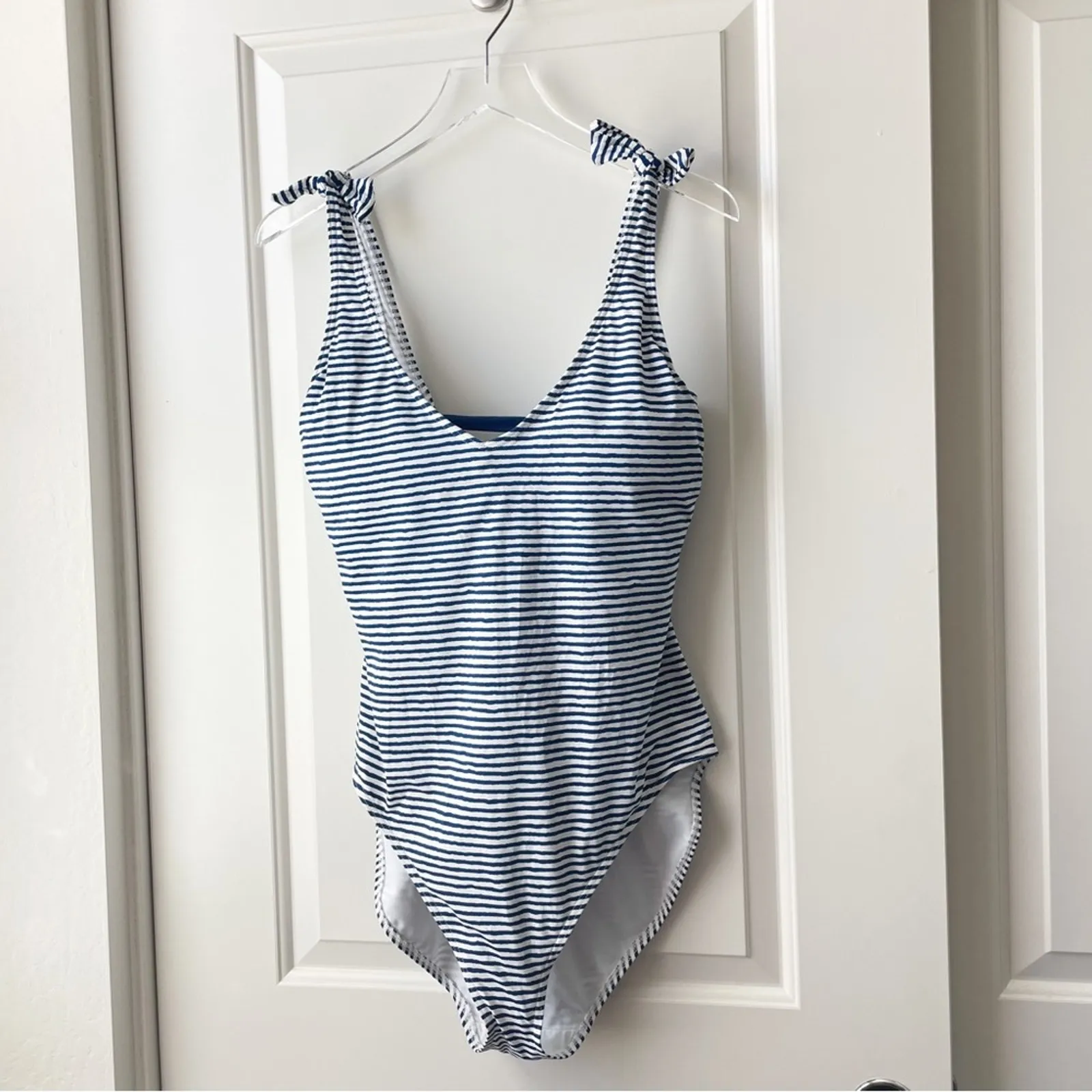 Lauren Ralph Lauren Swimsuit One Piece Stripe Lace Up Back White Navy Gold 16 - Image 2