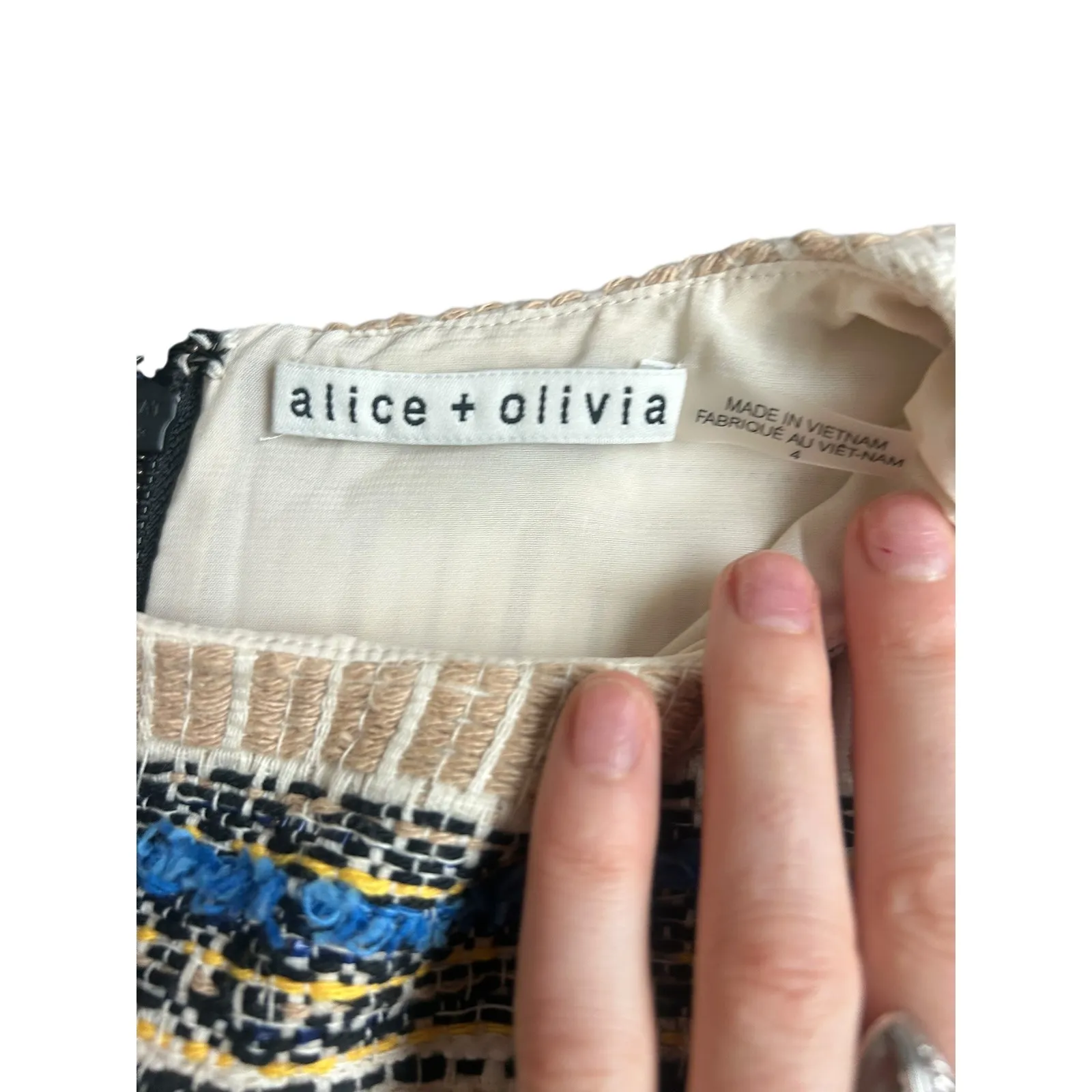 ALICE + OLIVIA Coley Textured Sleeveless A-Line Mini Dress size 4 Blue Yellow - Image 4