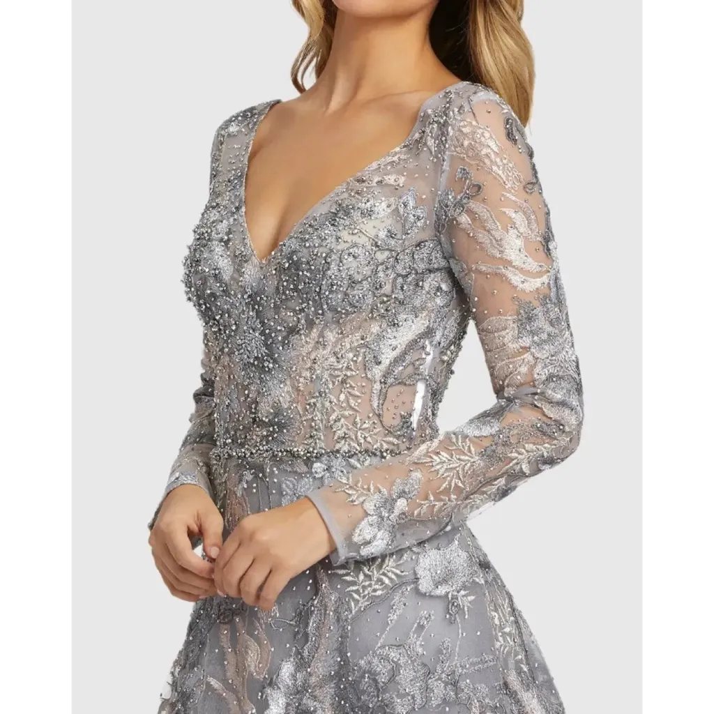 Mac Duggal 20214 Gray Long Sleeve Beaded Applique Gown Size 10 NWT - Image 3