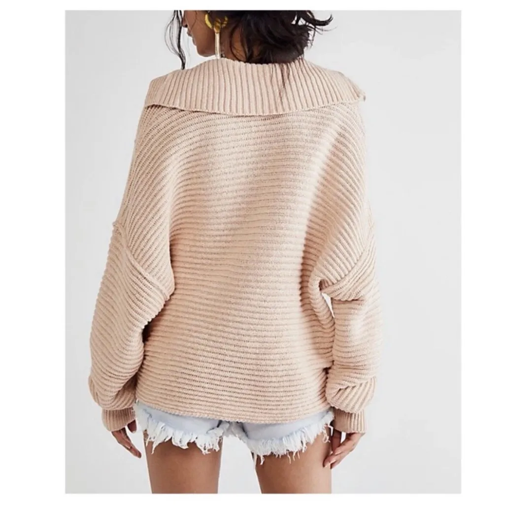 Free People Marlie Ribbed Pullover Sweater Collared Polo Oversized Dusty Pink - Image 3