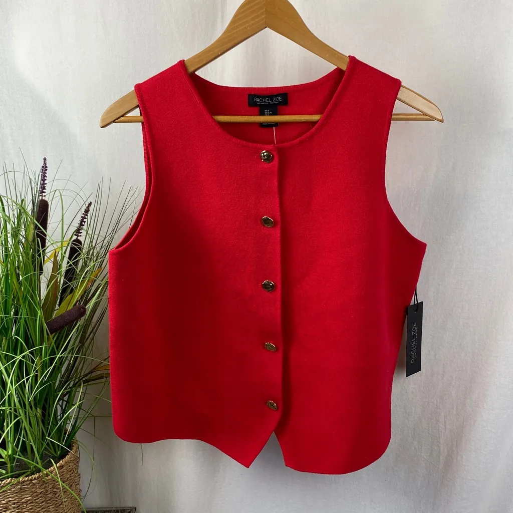 Rachel Zoe Red Knit Sleeveless Button Up Vest Top NEW L - Image 2