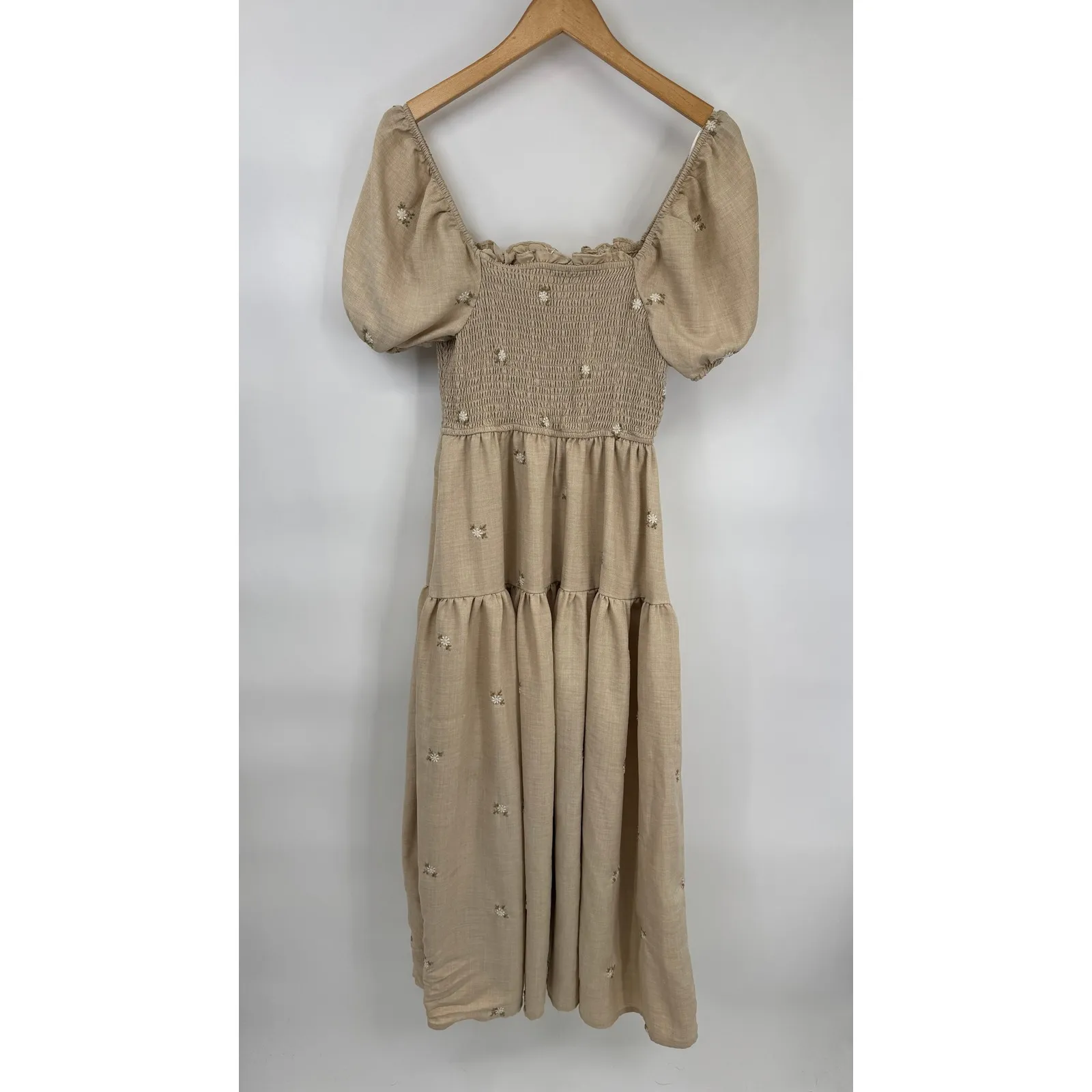 August Sky Milkmaid Prairie Country Dress Womens L Tan Embroidered Cottagecore Size L - Image 3