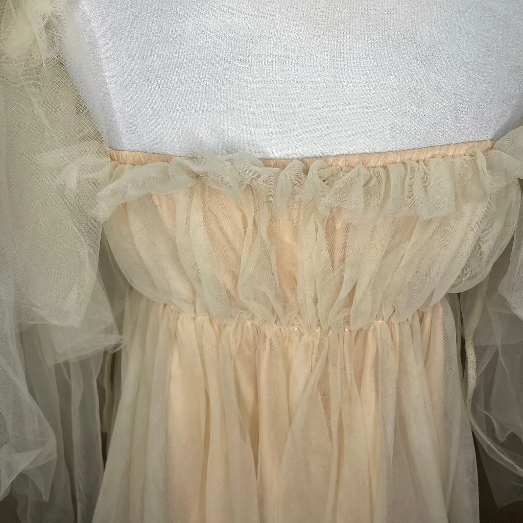 Women's Cream Tan Lined Tulle Puff Sleeve Babydoll Dress Barbie Fairycore Medium - Image 5