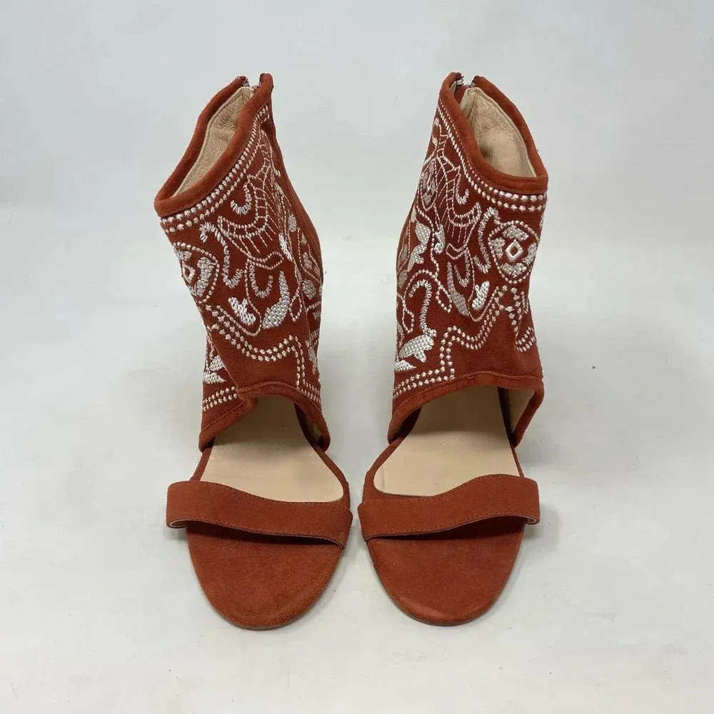Anthropologie Plomo‎ Paula Embroidered Wedge Sandals Rust Orange Size 37 US 6.5 - Image 2