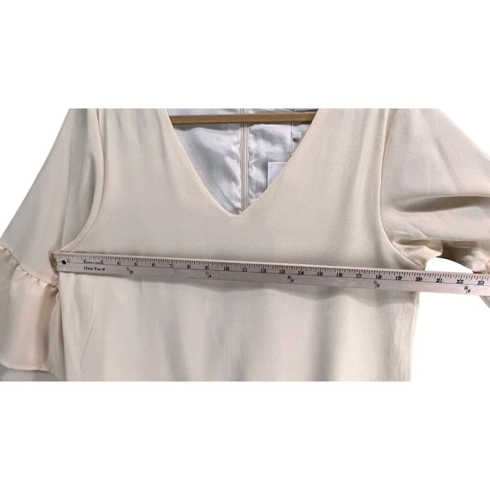 Belongsci Dress Womens L Ivory Chiffon Mini Shift V Neck Bell Sleeve Classic NEW Size L - Image 6