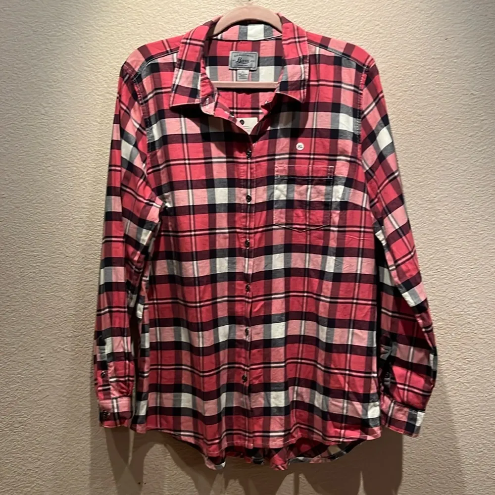 New G.H. Bass Women’s XL Tunic Style Flannel Button Down Shirt Pink Navy Size XL Blue - Image 2