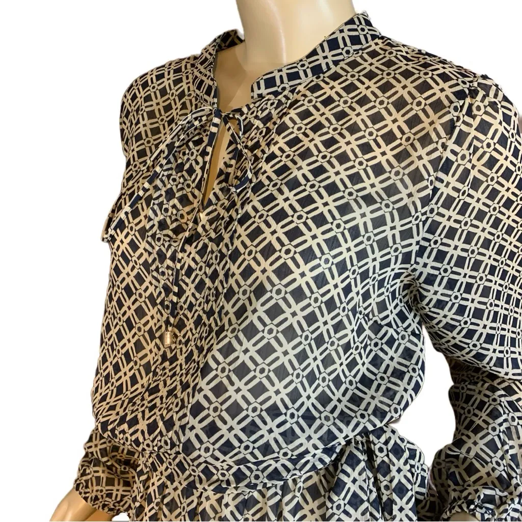 TOMMY HILFIGER TAN & BLUE GEOMETRIC PRINT SHEER SHIRT DRESS (8) - Image 8