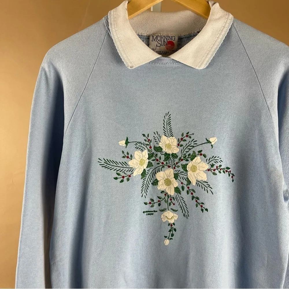 Vintage Morning Sun Large 1990's Sweatshirt Collared Flowers Made in USA Blue - Image 14