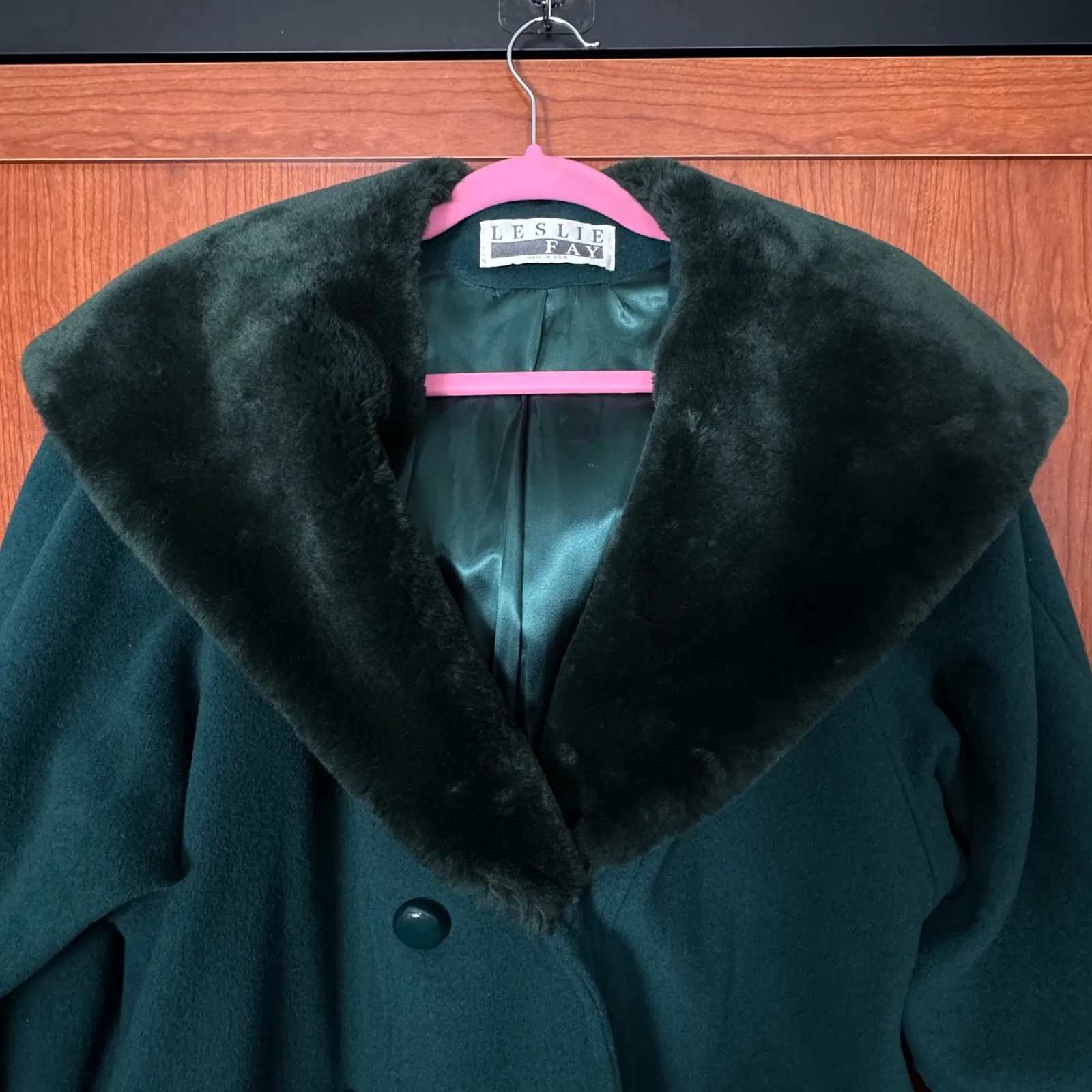 VTG Wool Blend Coat Faux Fur Collar Cuffs Lined Sz 12 Womens Dark Green Feminine - Image 6
