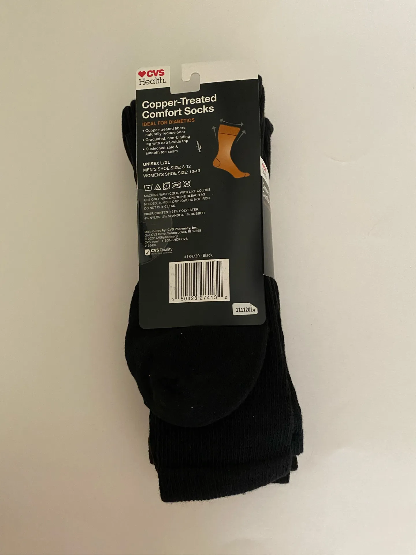 3 pairs Unisex CVS Copper Treated Black Comfort Socks Size L / XL - Image 2