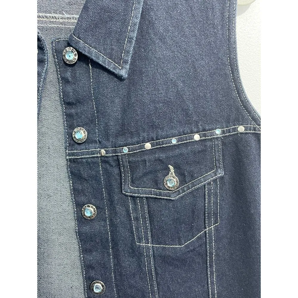 Y2K Faded Glory Denim Vest Large Rhinestones Western Rockabilly Rodeo 90s - Image 3