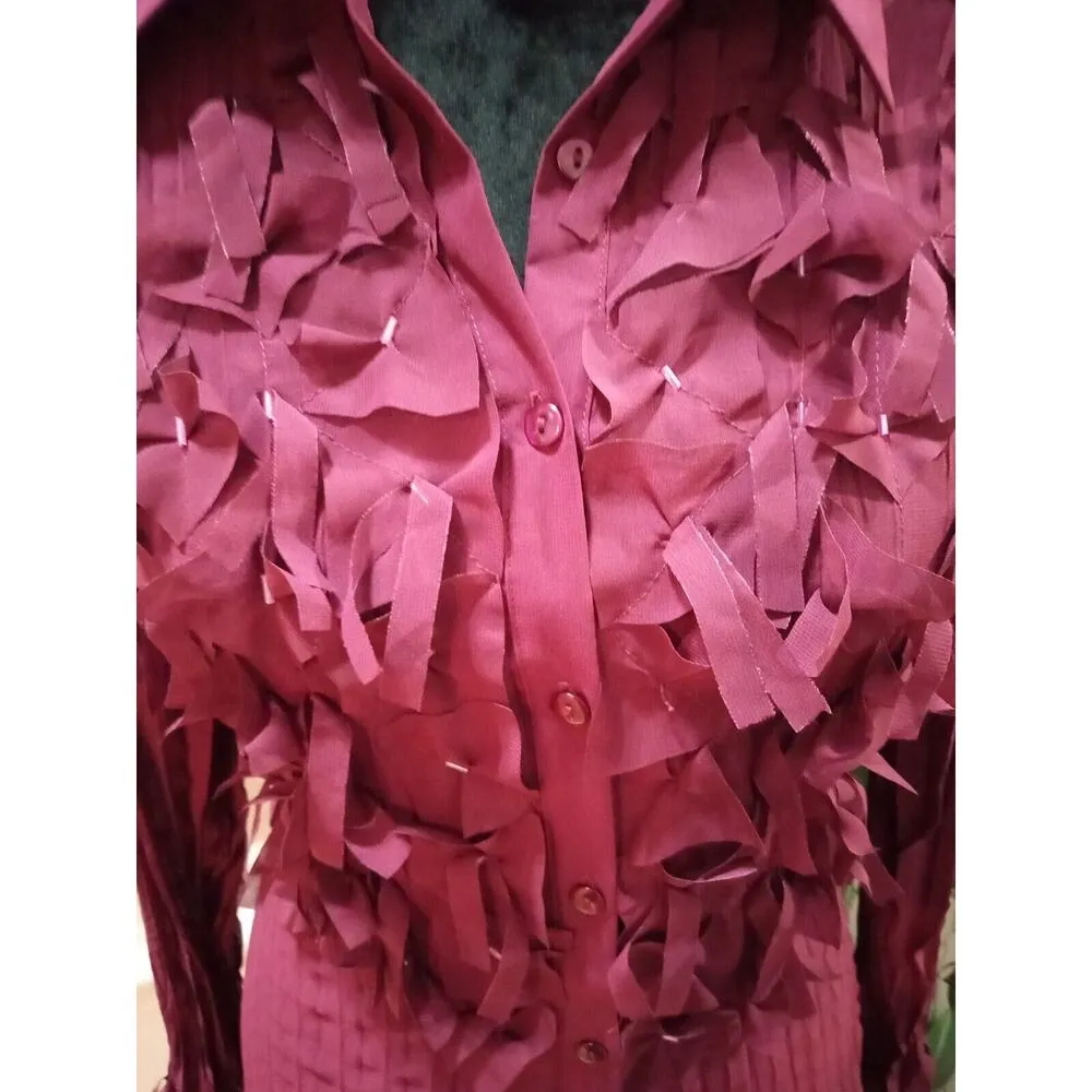 Bay Studio Career Womens Burgundy Fringe Pleated Long Sleeve Button Down Shirt L Size L - Image 5