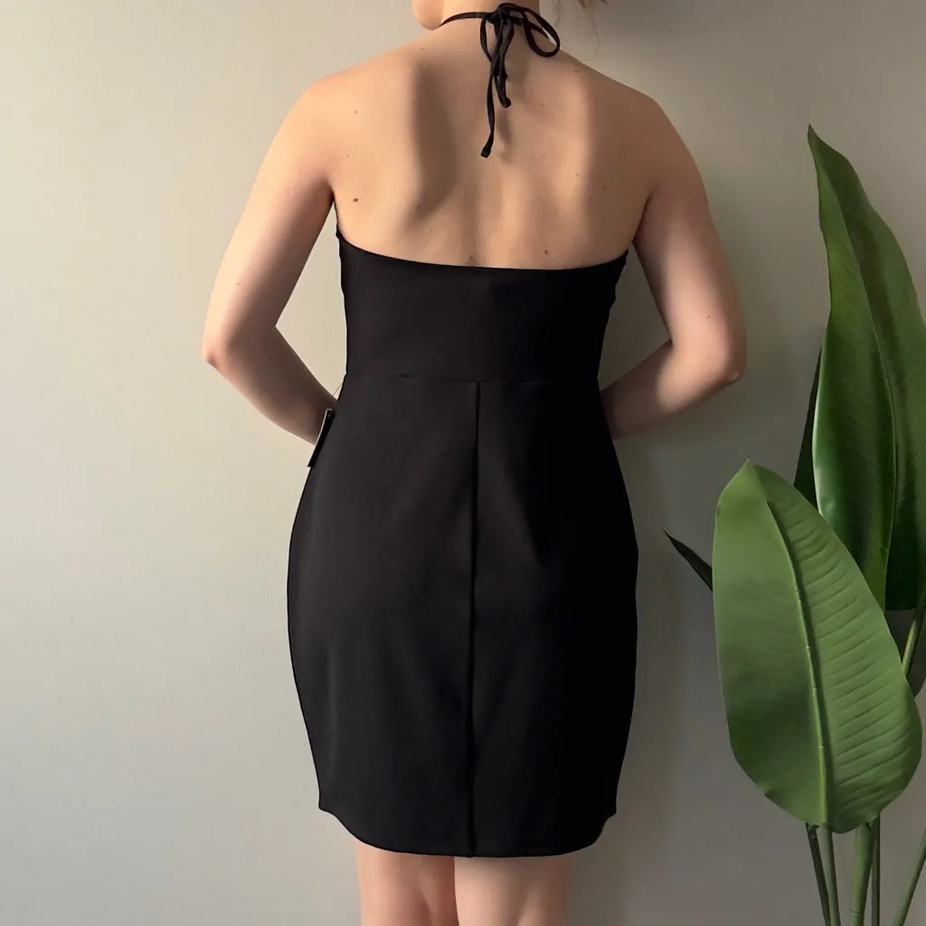 Express Black Halter Dress mini LBD solid tie bow neck party classic pencil NWT - Image 2