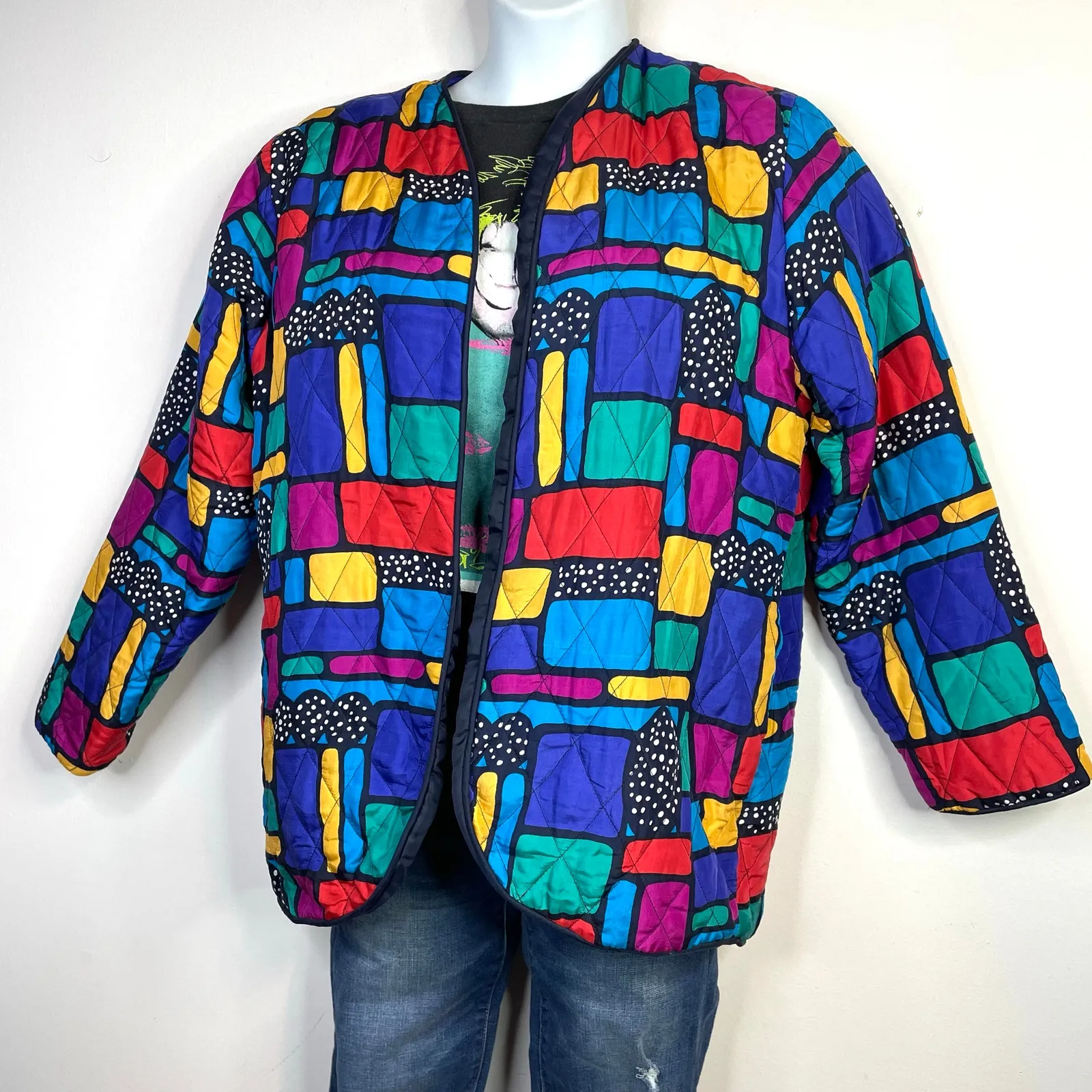 Vintage Rhoda Lynne Quilted Silk Open Jacket 90s Colorful Oversized Womens S Blue - Image 3