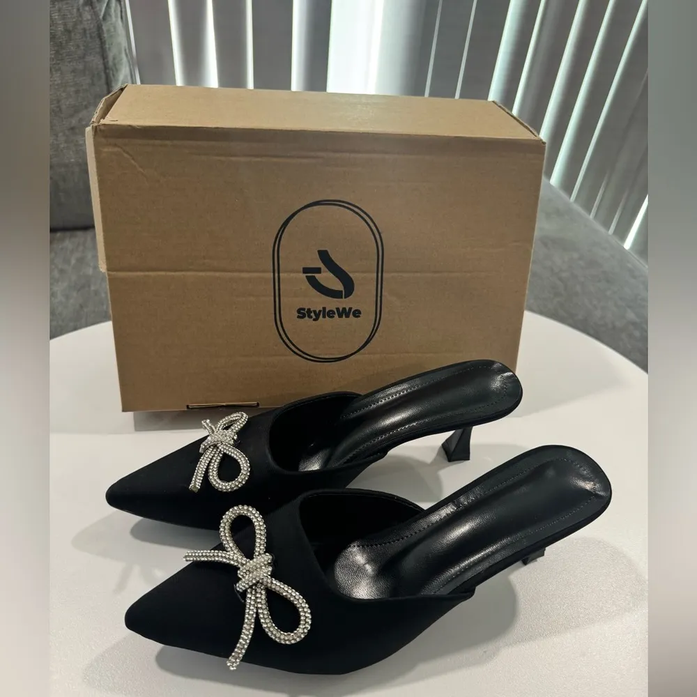 STYLEWE Elegant Black Women's Mules with Rhinestone Bow🌻 Size 8 - Image 3
