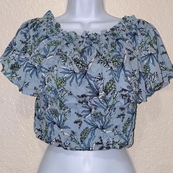 Tiare Hawaii Off Shoulder Floral Blue Smocked Crop Top O/S - Image 4