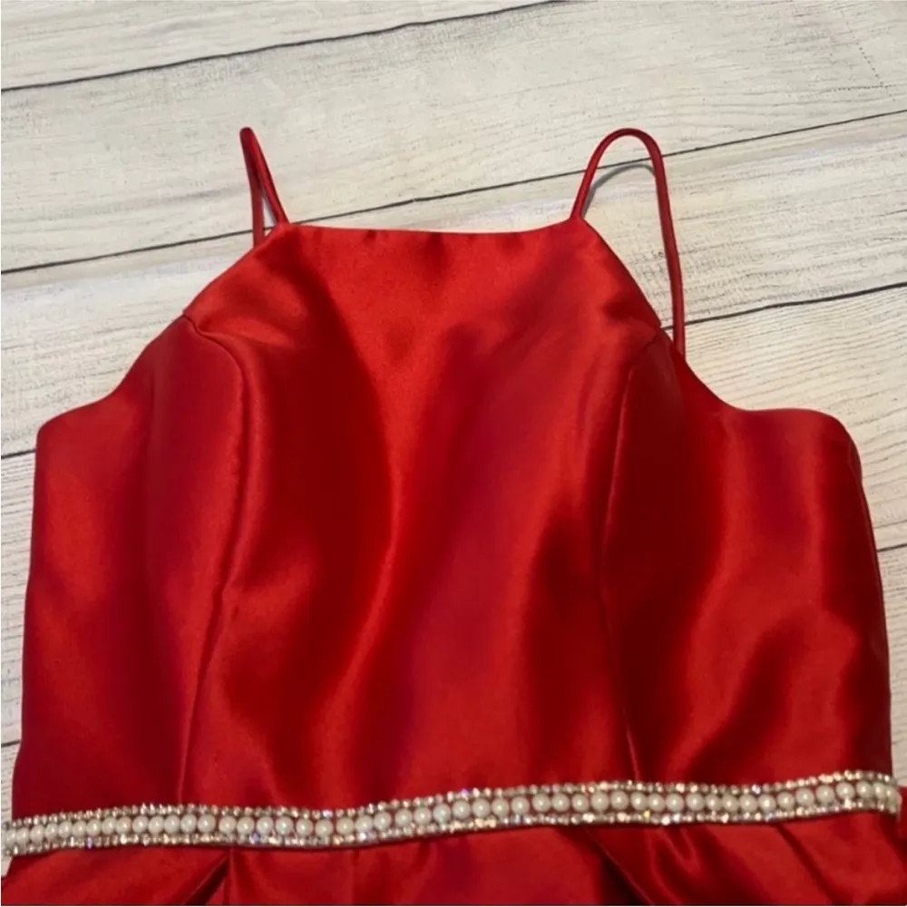 Betsy & Adam High Low Red Satin Prom Dress - Image 5