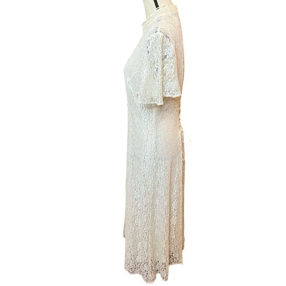 Vtg 70s/80 Dawn Joy Fashions Lace Sweetheart Key Hole Corset Tie Back Dress Sz M White Size M - Image 2