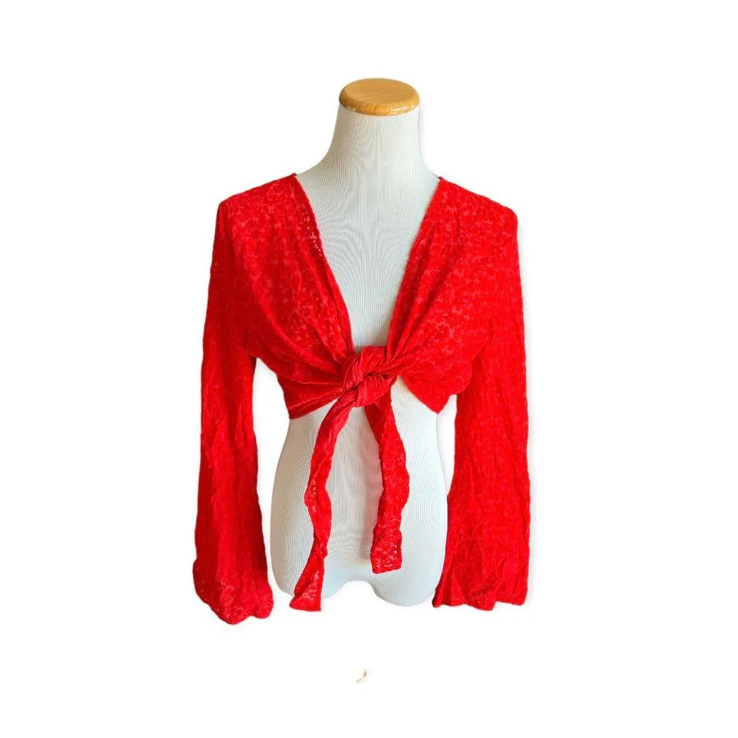 NWT Womens Wild Fable Red Floral Tie Front Bell Sleeve Shrug - Sz M - Image 2