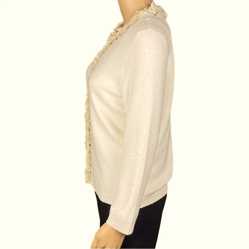 T TAHARI buttery cream cardigan sweater with floral & tulle trim Large EUC - Image 6