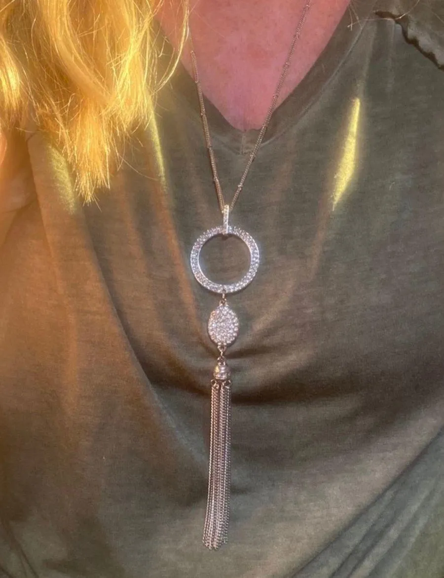 INC Long Silver chain CZ Tassel Necklace - Image 3