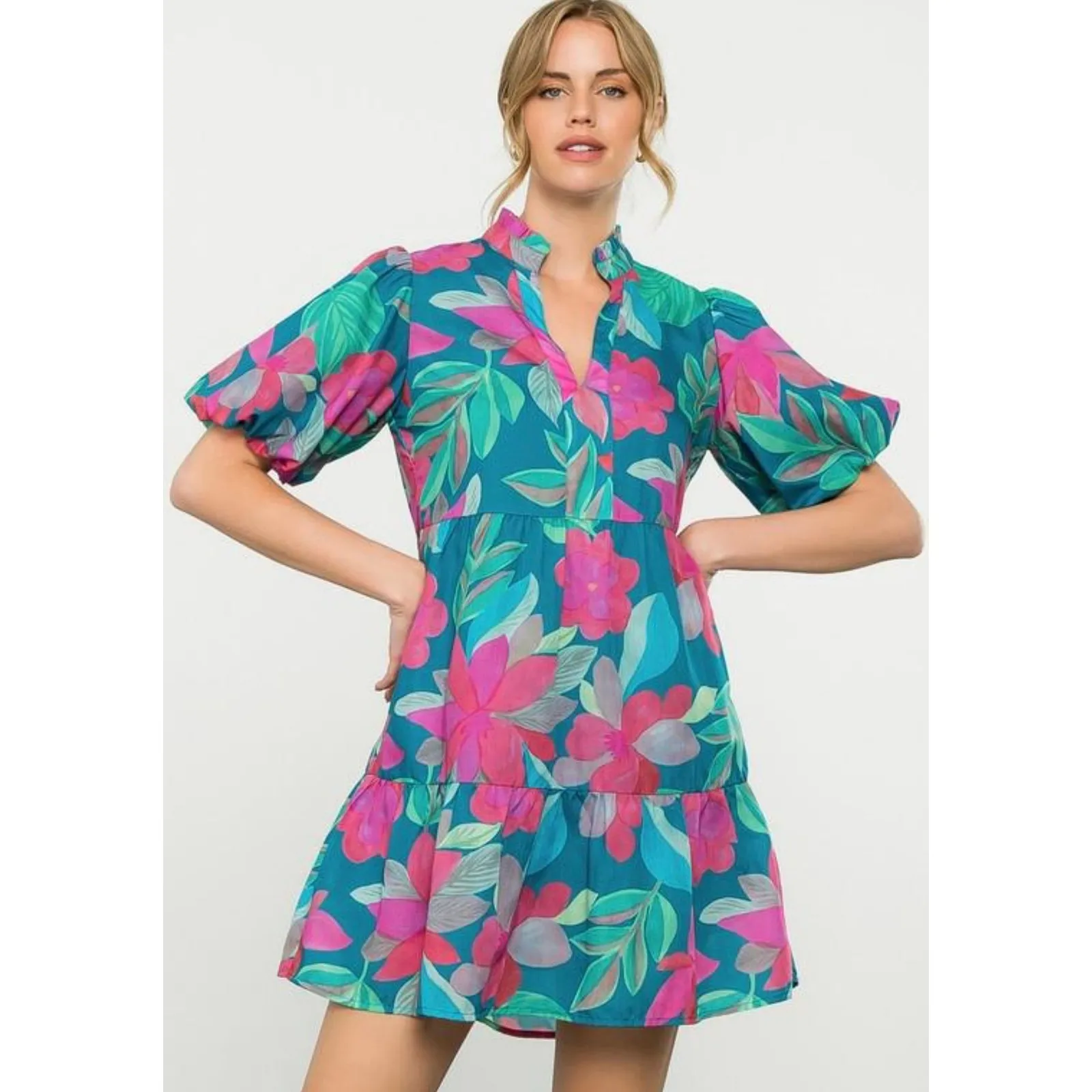 THML Flower Power Mini Dress Teal Pink Puff Sleeve Tiered Short Dress‎ Size XL - Image 2
