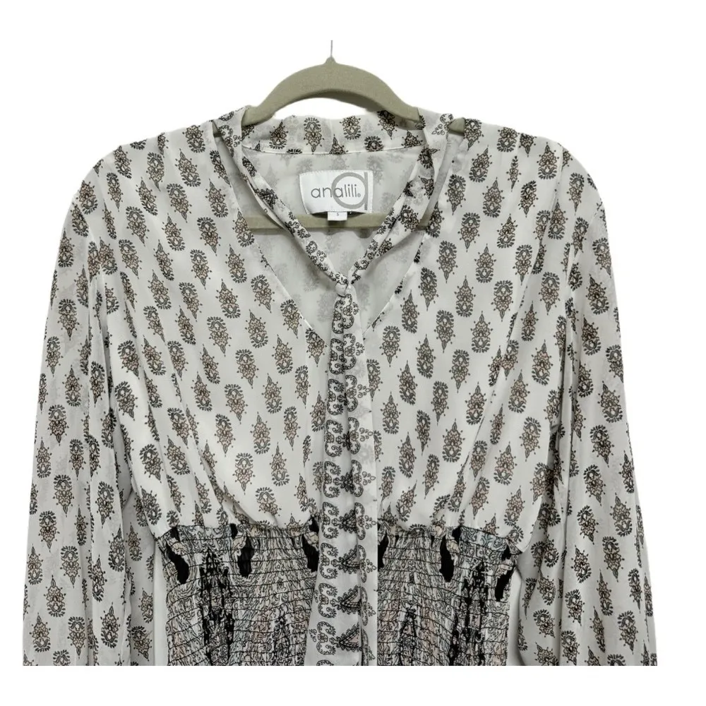 Analili Boho Print Smocked Blouse Size Small – Tie Neck & Flowy Sleeves - Image 2