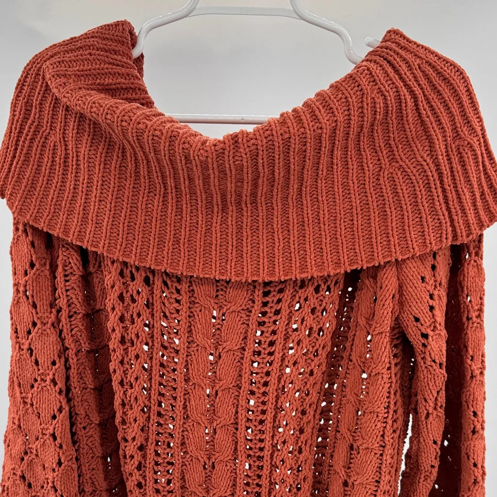 Umgee Rust Cowl Neck Sweater open knit fall casual neutral L chenille waist crop - Image 3