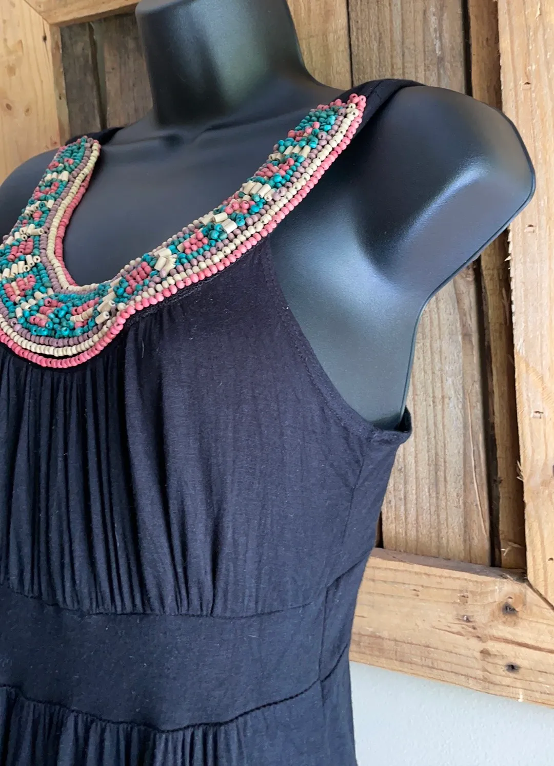 Cream Turquoise Coral Beaded Scoop Neck Black Dress Empire Waist Medium - Image 5