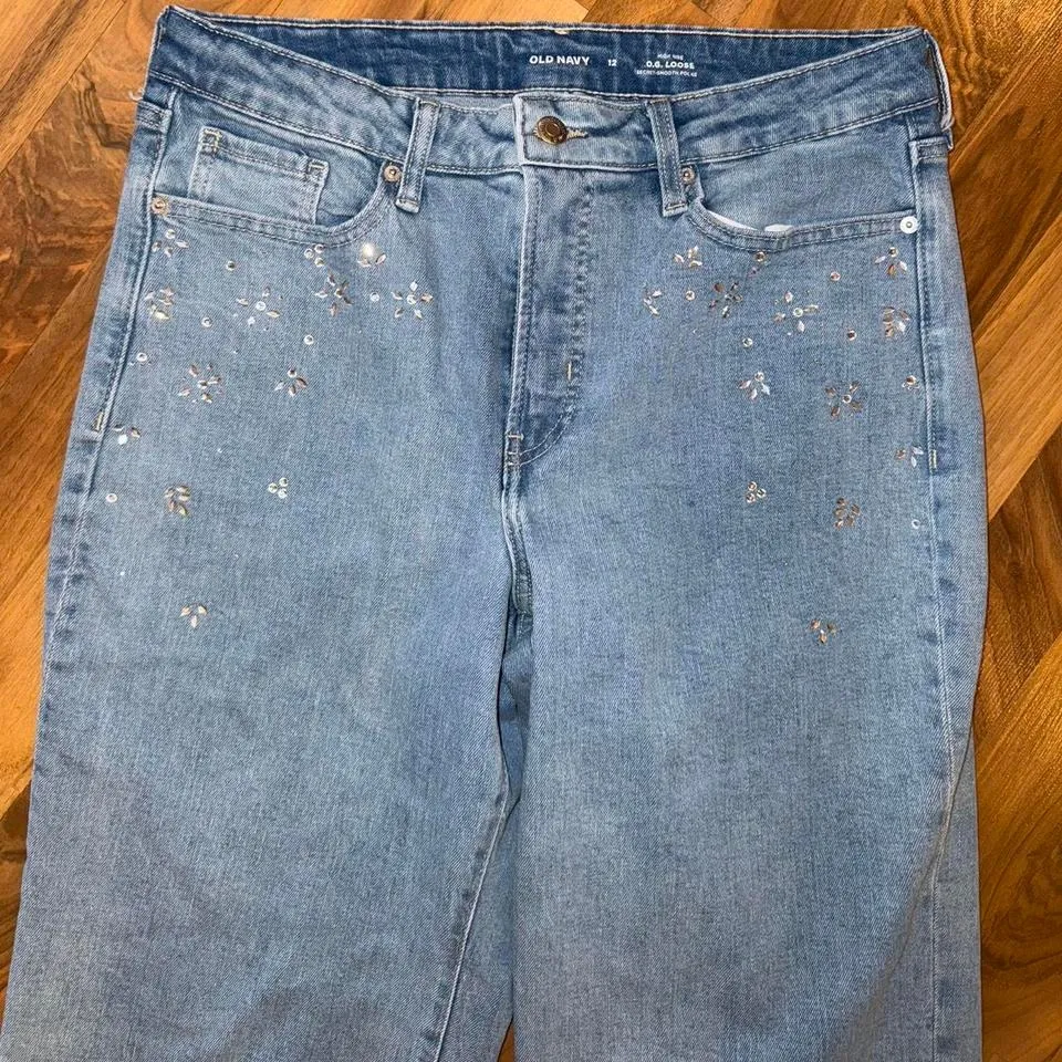 Old Navy rhinestone, sparkle, gem concert high rise OG‎ loose straight leg SZ 12 - Image 2