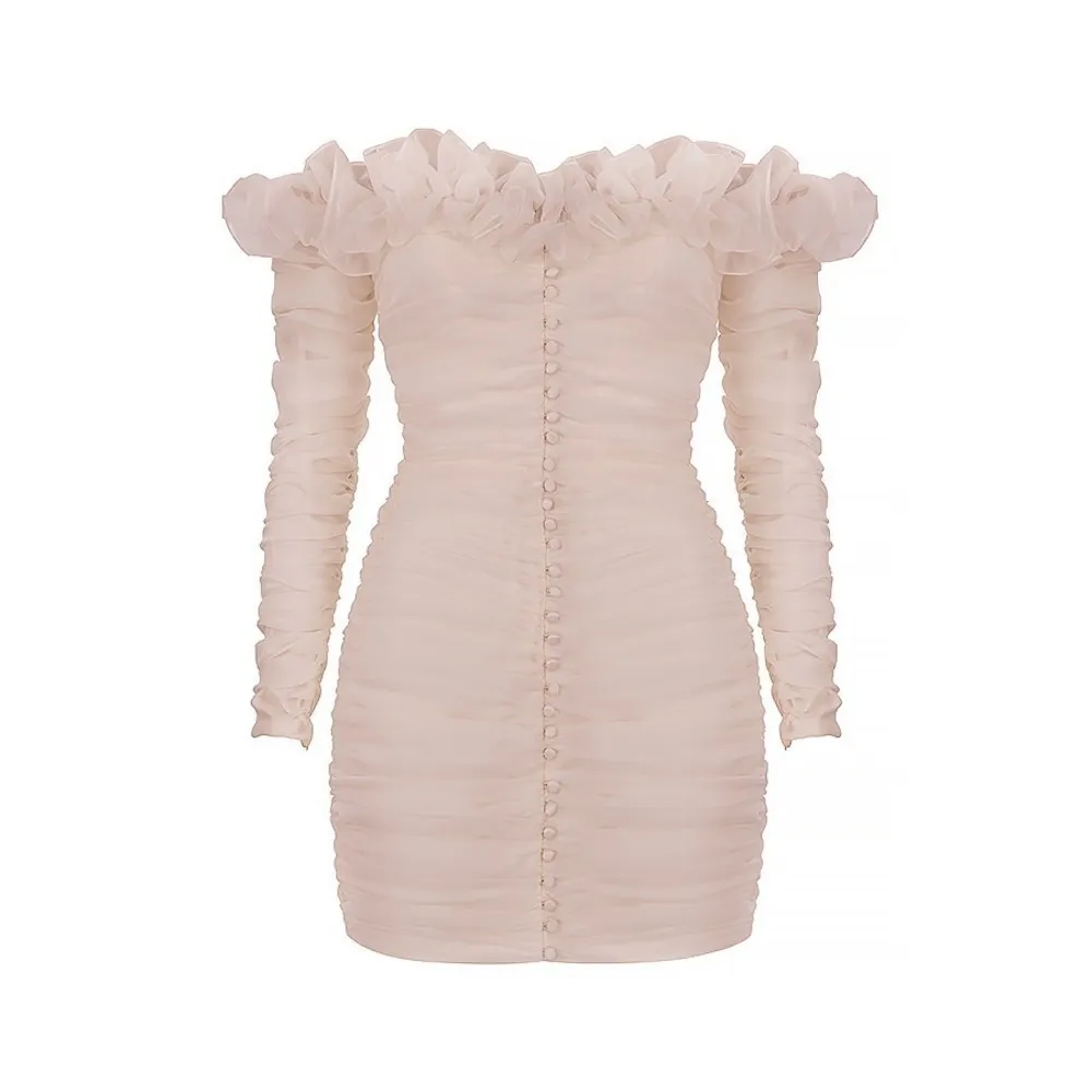 House of CB Astrid Ivory Chiffon Ruffle Bardot Ruched Mini Dress Size L+ - Image 7