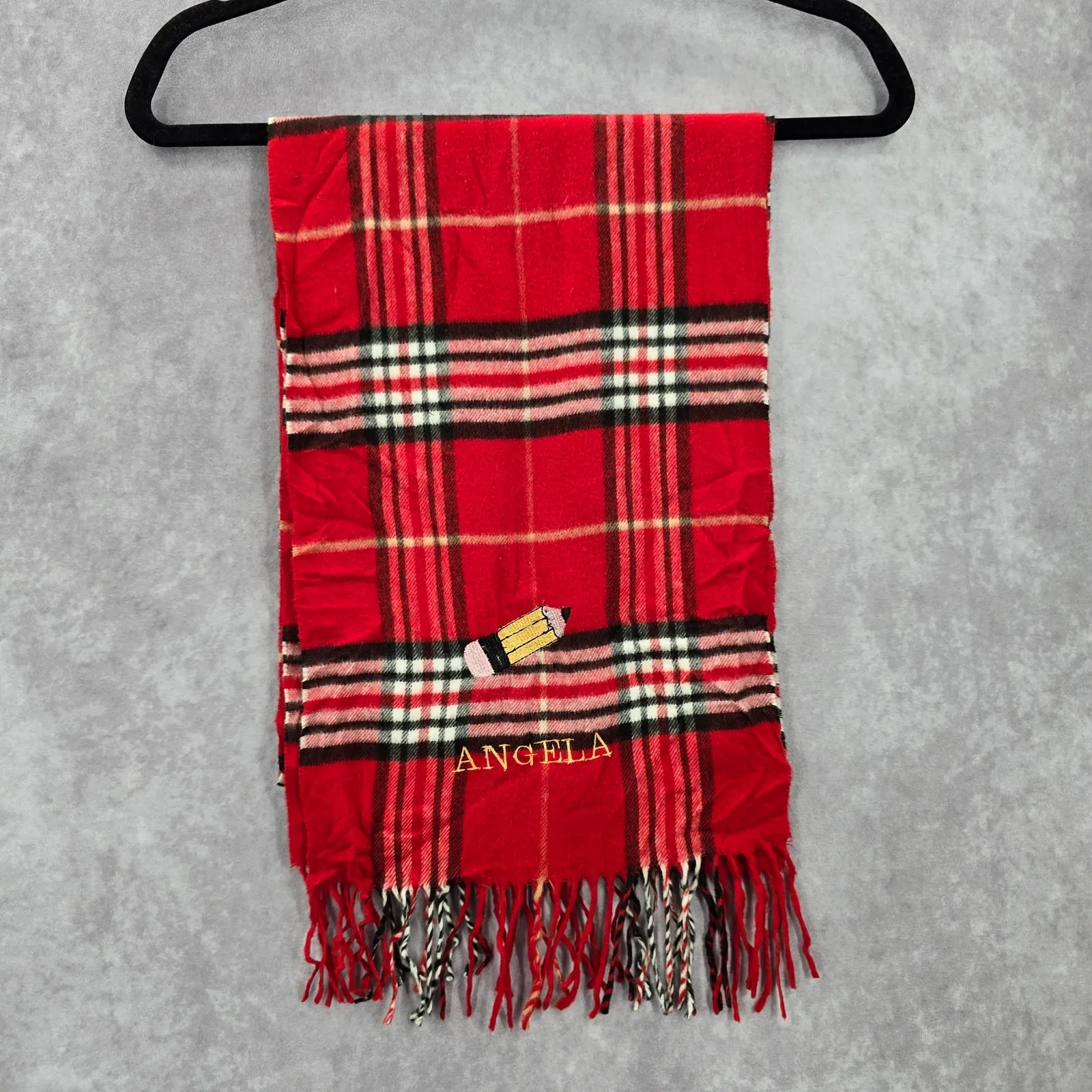 Cashmink Red Plaid Tartan Fringe Wrap Angela Pencil Patch Shawl Scarves Scarf - Image 2