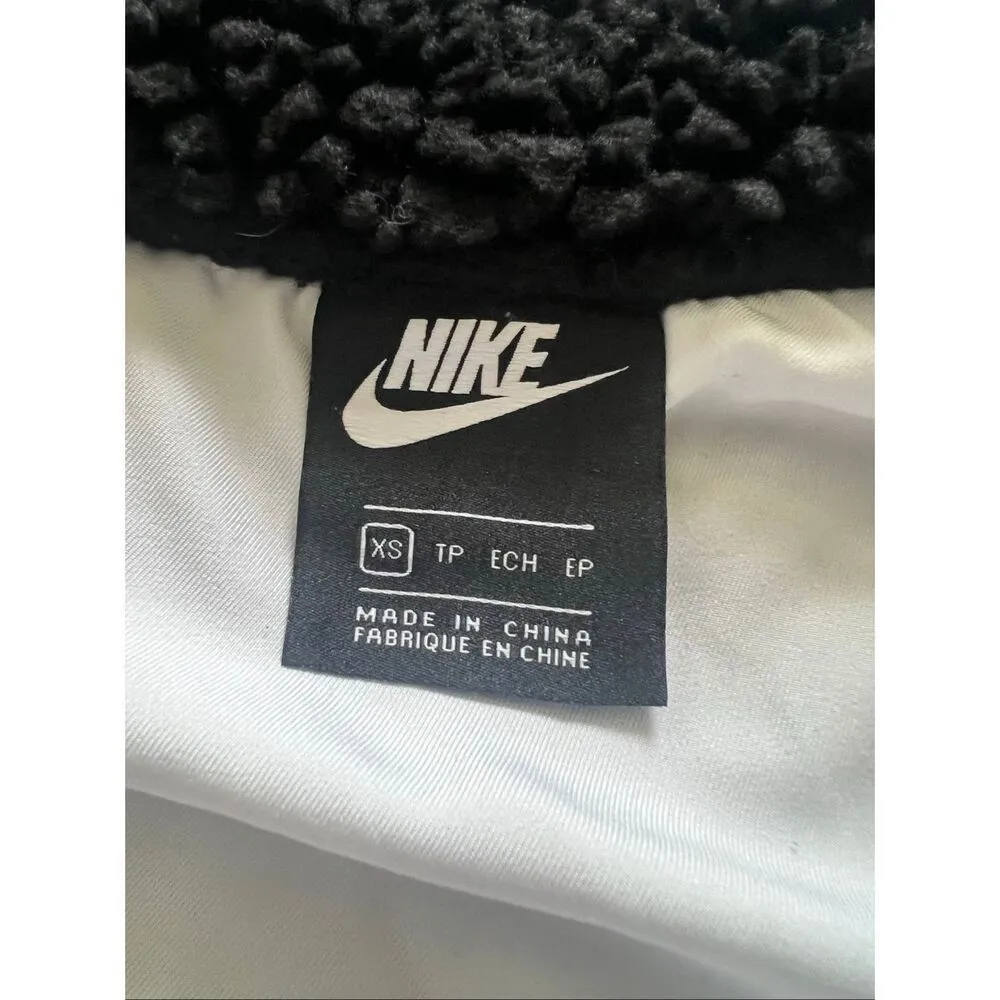 Nike Black White Sherpa Active Swoosh Cropped Faux Fur Jacket XS - Image 5