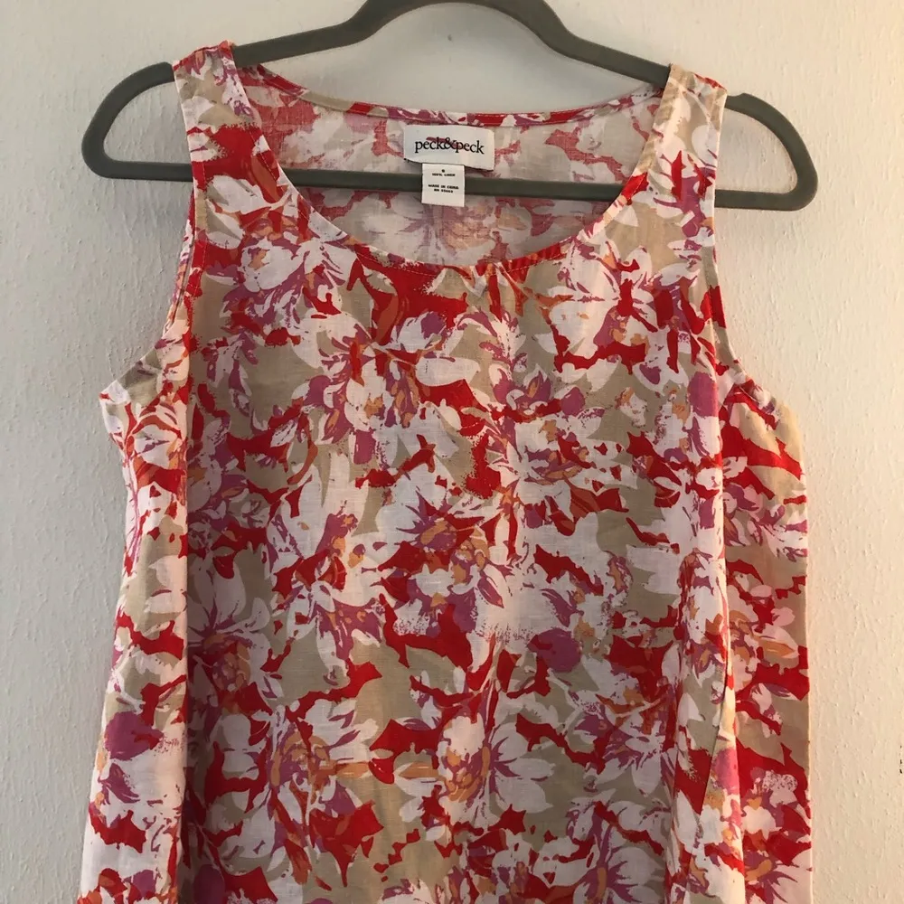 Peck & Peck Tank Floral Linen Tunic Sleeveless Asymmetrical Tank Top Sz S EUC - Image 2