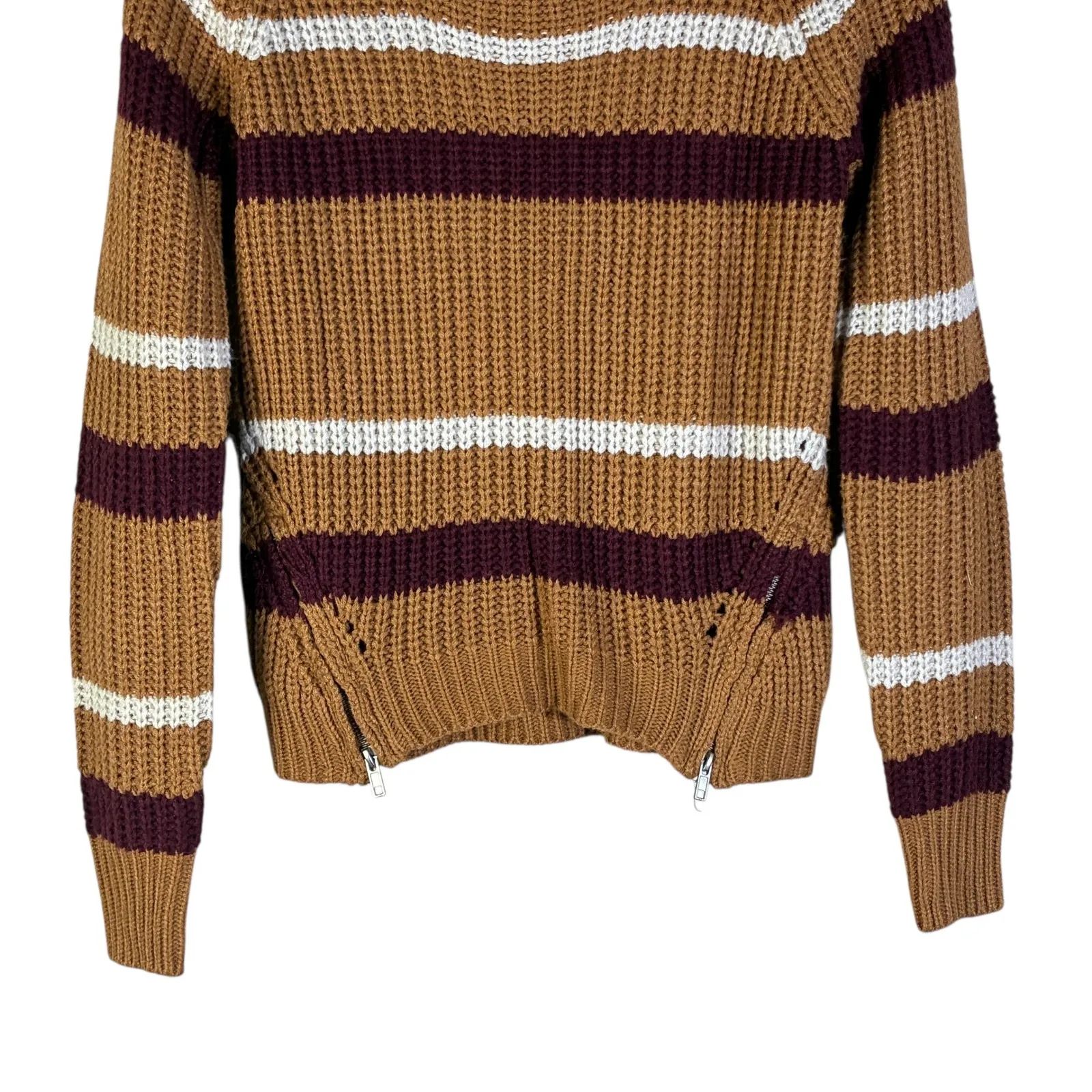 Pink Republic Striped Knit Sweater Size S Brown White Burgundy Zipper Detail - Image 3