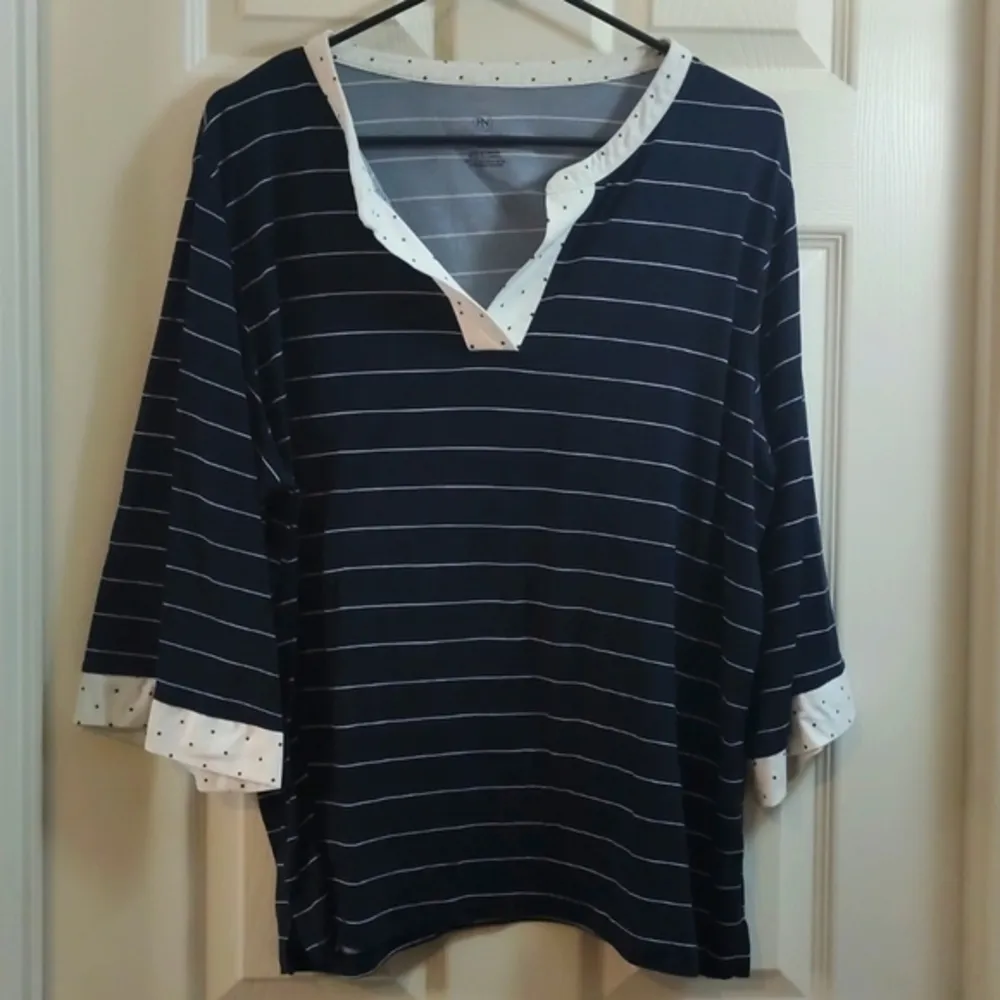 FN Flora Nikrooz Navy & White Stripe Polka Dot Pajama Shirt Top XL EUC #0276 - Image 2