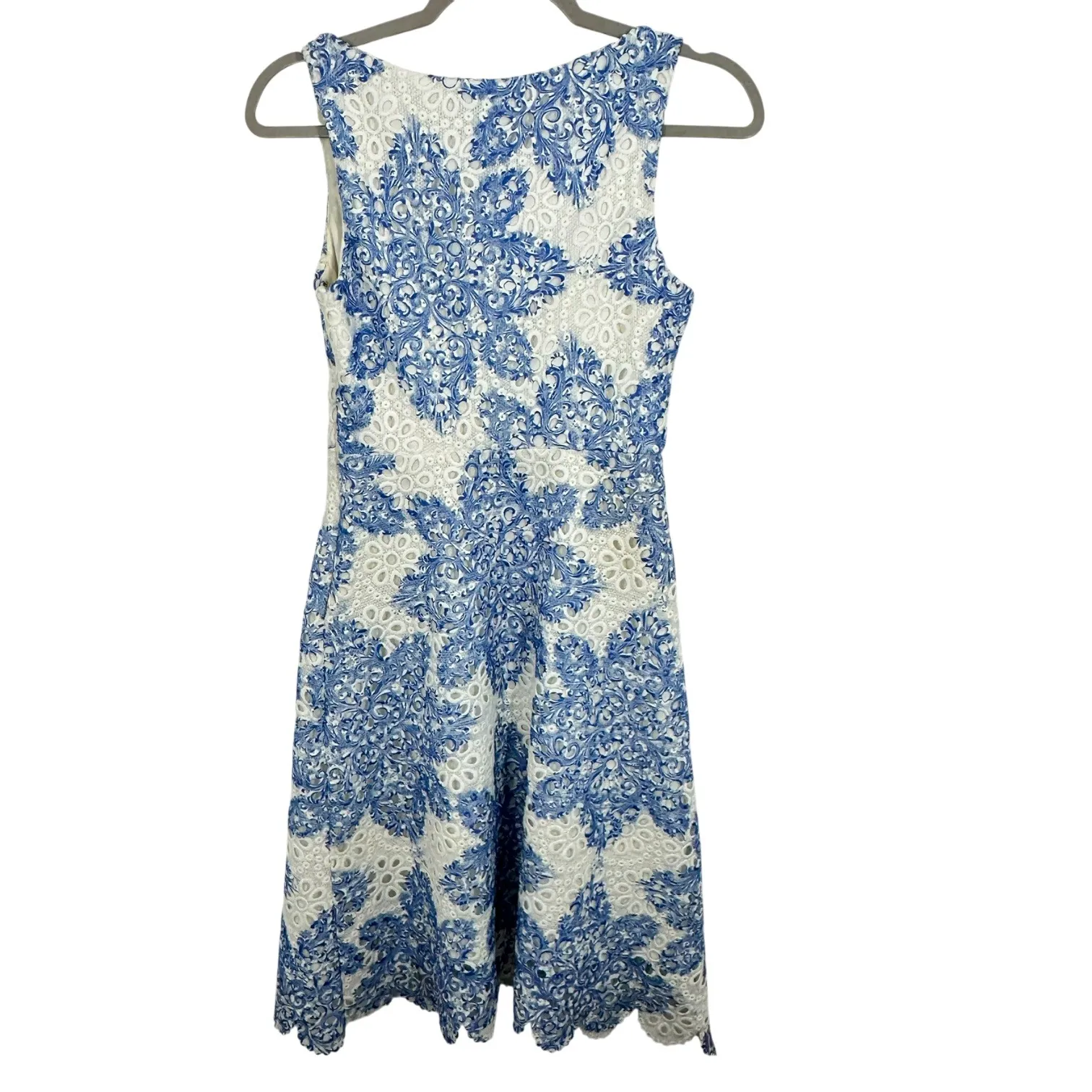 Eva Franco Blue White Lace Overlay V Neck Sleeveless Sheath Dress Size 0 - Image 4