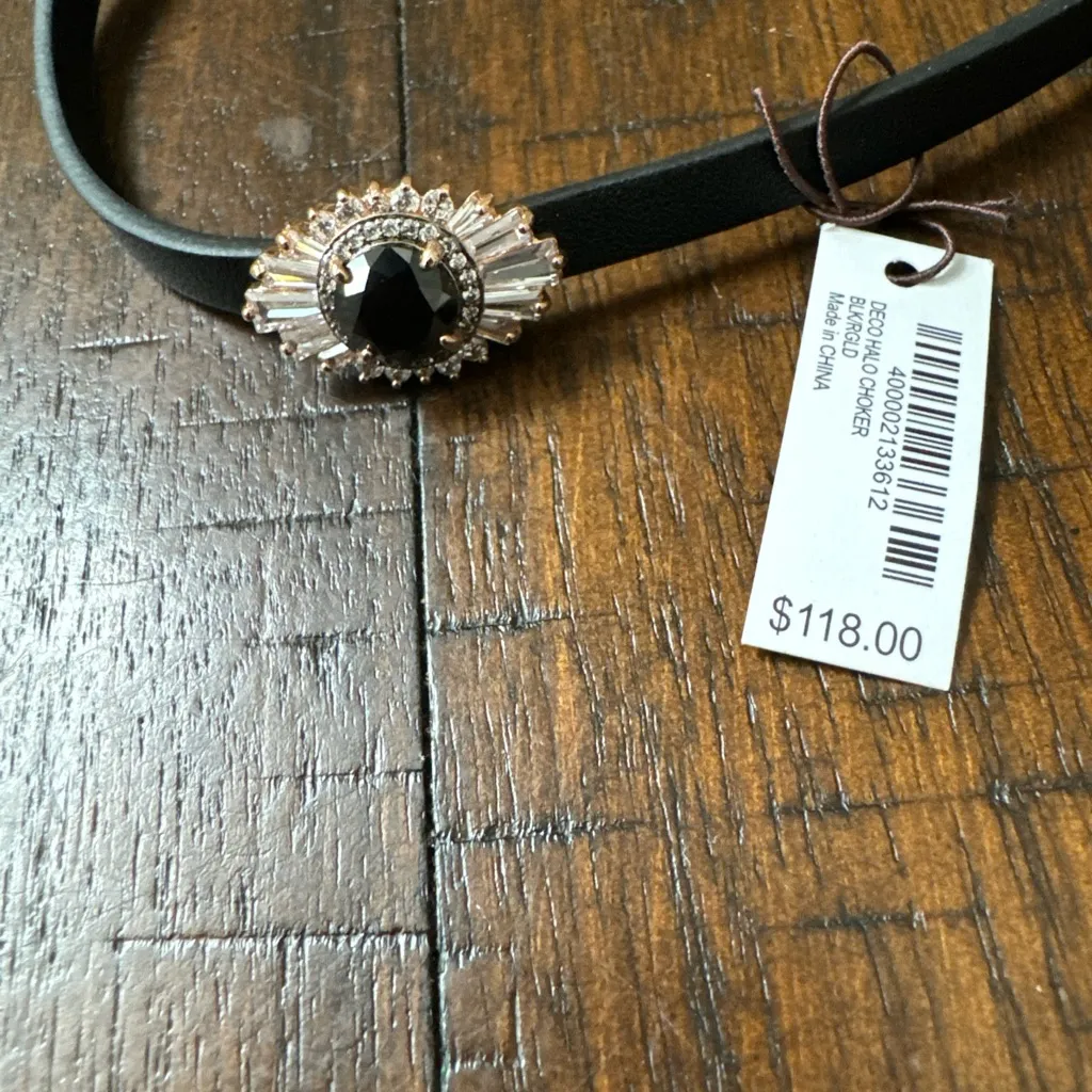 HENRI BENDEL BOLD CRYSTAL CHOKER ‎ COLLAR NECKLACE BLACK LEATHER NWT - Image 2