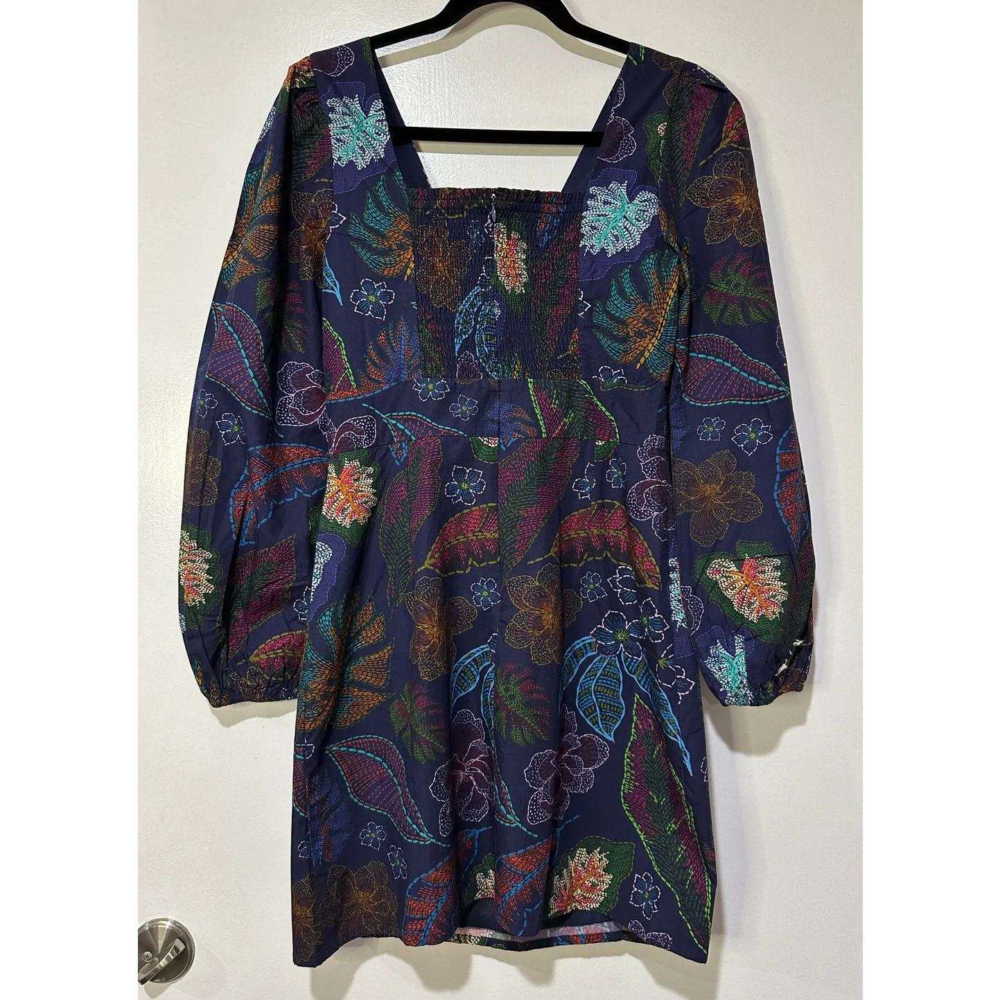 Allison New York Flora Mini Dress Navy Floral Sz 4 NWT Smocked Back Long Sleeves Blue - Image 9