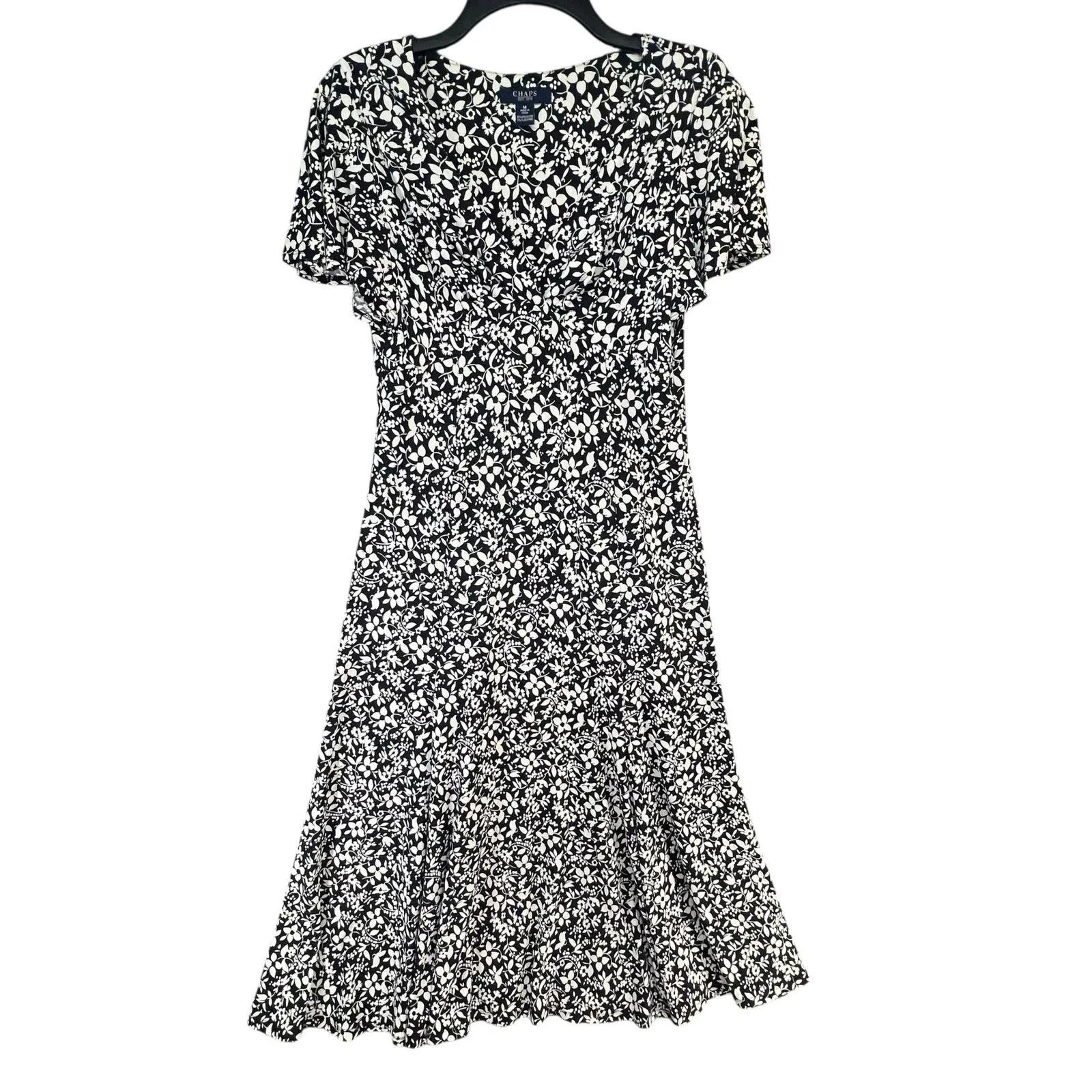 Chaps Blue White Floral Midi Dress M Empire Waist A Line Jersey Stretch Cottage - Image 5