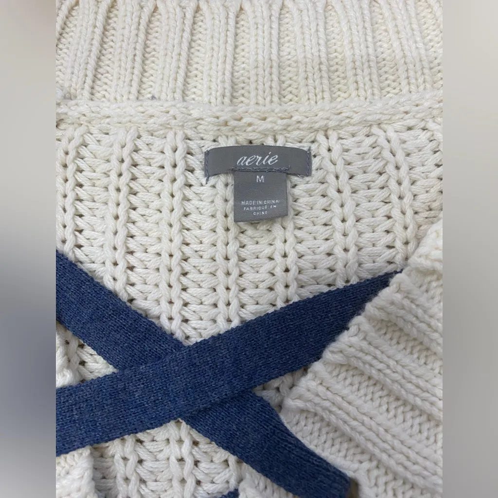 Aerie Women’s Size Medium‎ Cream Chunky Knit Lace Up Sweater - Image 6