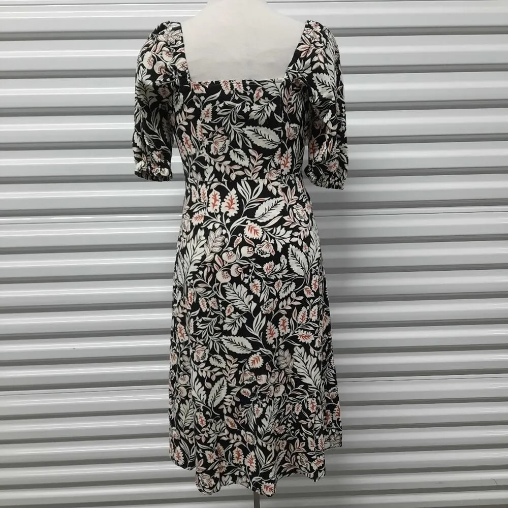 BCBGMAXAZRIA Dress Womens 0 Black White Floral Linen Blend Button Front Midi - Image 2