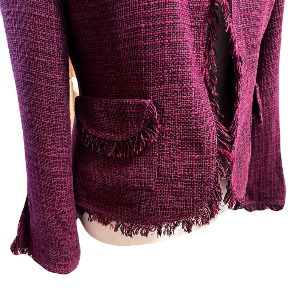 Anne Klein  Raspberry & Black Fringe Tweed Blazer | Size 2P | EUC - Image 3