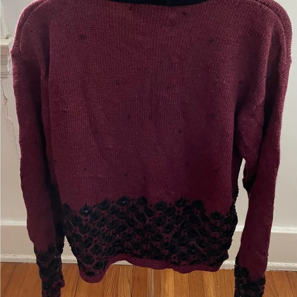 Vintage Curio maroon black boho floral embroidered beaded cardigan, size S Red - Image 3