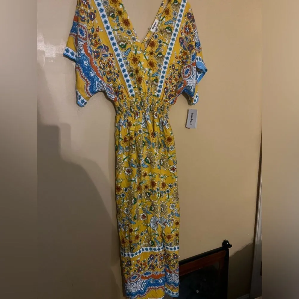 NWT kindred Anthropologie yellow gold floral maxi dress small - Image 2