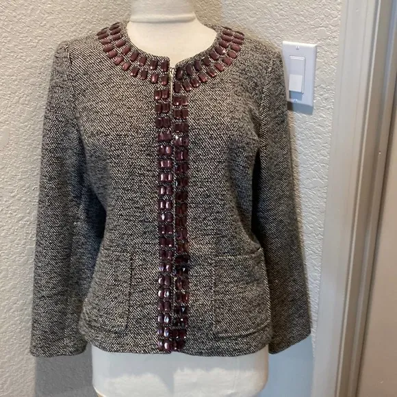 Dana Buchman Beaded Tweed Blazer w/ Metallic Gold Shimmer Thread EUC Sz 14 - Image 2