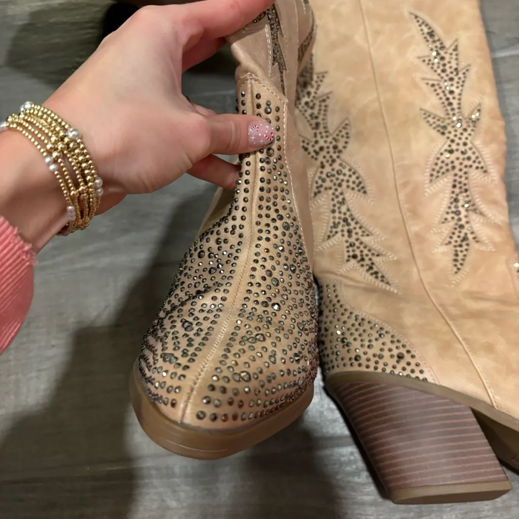 Sugar Kammy Bling Boots Rhinestone Pull On Western Boot Tan Size 11 - Image 7