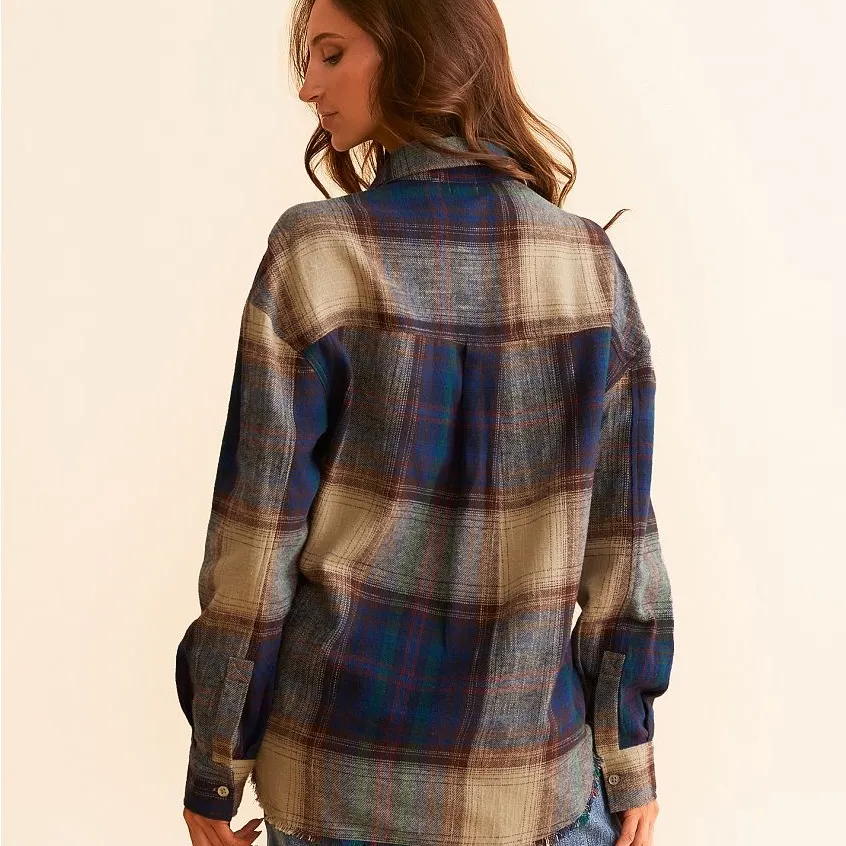 Plaid Button-Up Shirt - Blue and Brown - Image 2
