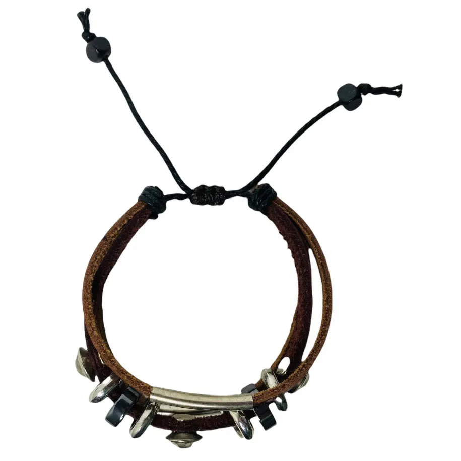 Brown Leather Triple Strand Boho Bracelet with Crystal Embellishments - Image 3